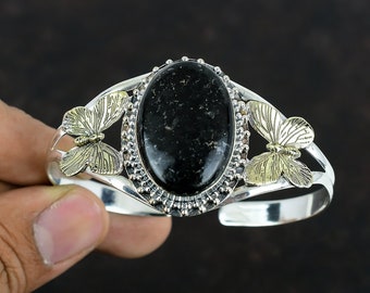 Nuummite Edelstein Armreif: Handgemachte Sterling Silber 18K Gold Armspange