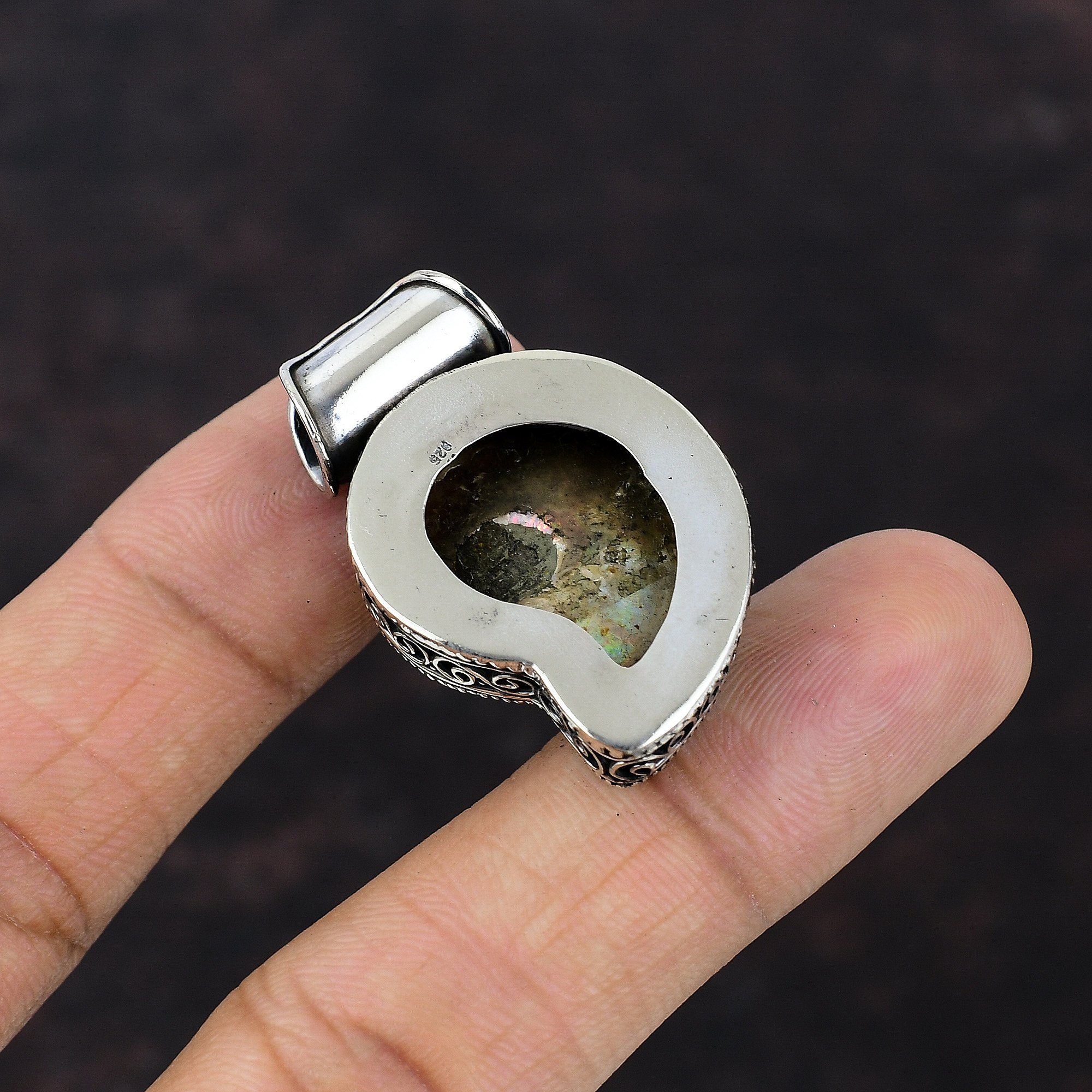 Ciondolo Vintage In Argento 925 Con Fossile Di Ammonite Naturale Fatto A Mano India