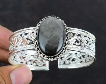 Handmade Silver Sheen Obsidian Cuff: 925 Sterling Silver Adjustable Bangle