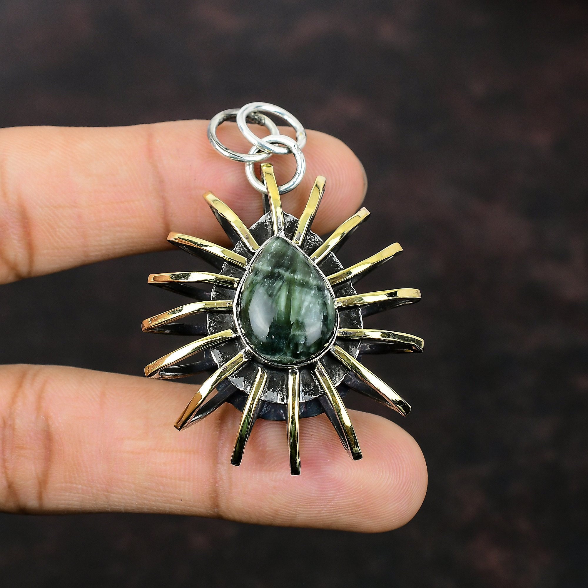 Handmade Seraphinite Pear Pendant: 925 Sterling Silver, 18K Gold Plated