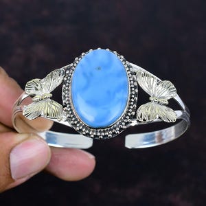 Pulsera de ópalo azul Owyhee, joyería de piedras preciosas auténticas, brazalete de mariposa chapado en oro de 18 quilates, brazalete ajustable de plata de ley 925, joyería hecha a mano