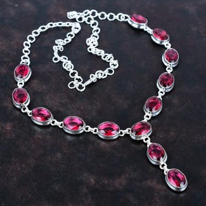 Faceted Rubellite Gemstone Necklace: 925 Sterling Silver, Adjustable Chain