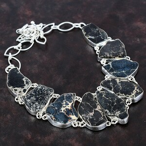Handmade Black Sea Jasper Necklace: 925 Sterling Silver Adjustable Chain