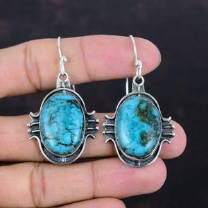 Tibetan Turquoise Earrings: Handmade 925 Sterling Silver Gemstone Jewelry