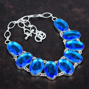 Faceted London Blue Topaz Necklace, 925 Sterling Silver, Adjustable Chain