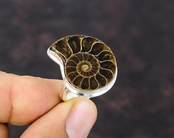 Ammonite Fossil Ring: Handmade 925 Sterling Silver Adjustable Statement Jewelry
