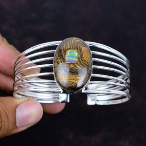 Ethopian opal in boulder opal bangle gemstone antique jewelry 925 sterling silver cuff bracelet adjustable bangle handmade bangle for gifts