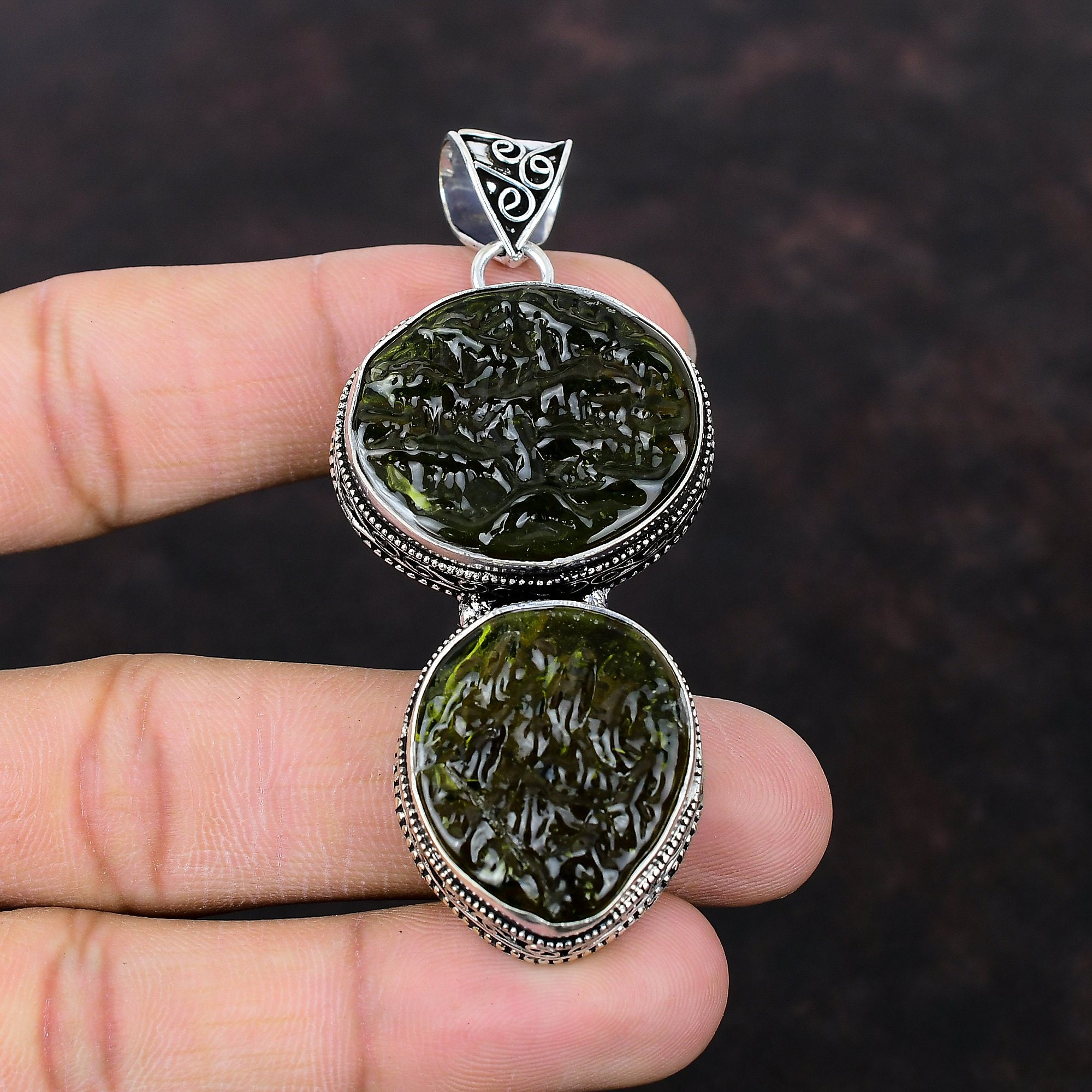Runder Moldavit Edelstein 925 Sterling Silber Damen