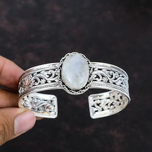 Rainbow Moonstone Cuff Bracelet Gemstone Jewelry 925 Sterling Silver Bangle Handmade Unique Design Bangle Adjustable Cuff Anniversary Gifts