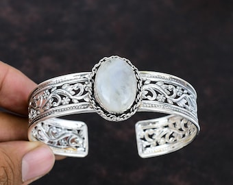 Handmade Rainbow Moonstone Cuff: 925 Sterling Silver Adjustable Bangle