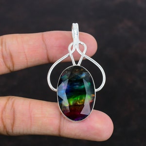 Faceted Ammolite Pendant: Handmade 925 Sterling Silver Antique Jewelry
