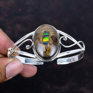 Ethopian opal in boulder opal bangle gemstone jewelry 925 sterling silver cuff bracelet adjustable bangle handmade bracelet engagement gifts