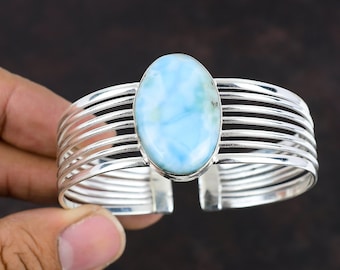 Handmade Larimar Bangle: 925 Sterling Silver Adjustable Cuff
