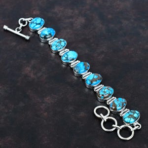 Tibetan Turquoise Bracelet: Handmade 925 Sterling Silver Adjustable Chain