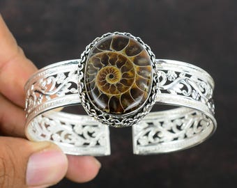 Ammonite Fossil Bangle: Handmade 925 Sterling Silver Adjustable Cuff