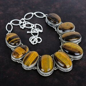 Handmade Tiger&#39;s Eye 925 Sterling Silver Necklace - Vintage Dainty Jewelry