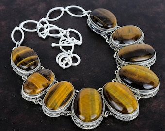 Handmade Tiger's Eye 925 Sterling Silver Necklace - Vintage Dainty Jewelry