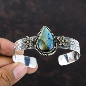 Labradorite Gemstone Bangle Adjustable Cuff Bracelet 925 Sterling Silver Bangle 18K Gold Plated Birthstone Bangle Gift For Her Handmade Cuff