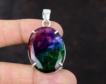 Faceted Ammolite 925 Sterling Silver Pendant - Handmade Gemstone Jewelry