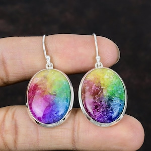 Rainbow Solar Quartz Druzy Earrings: Handmade 925 Sterling Silver