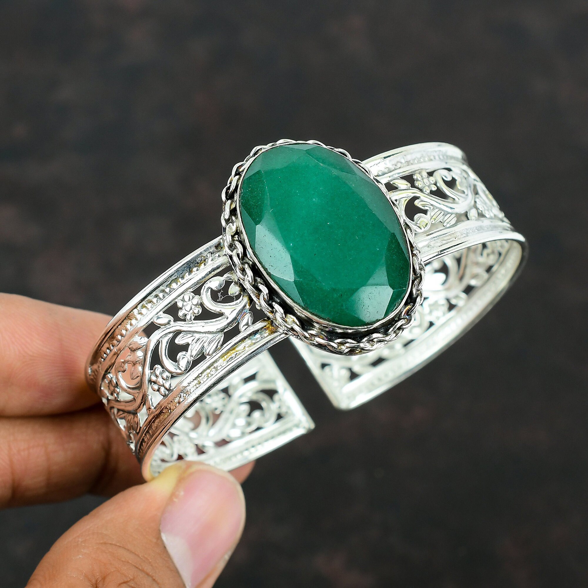 Handmade Zambian Emerald Cuff Bracelet: Sterling Silver Adjustable ...