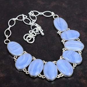 Blue Lace Agate Necklace: Handmade 925 Sterling Silver Adjustable Chain