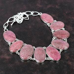 Collar de rodonita Collar de plata de ley 925 Joyas de piedras preciosas reales Collar de cadena ajustable hecho a mano Regalo de joyería de moda para la madre