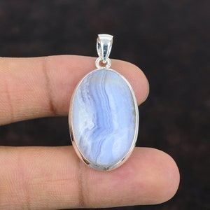 Blue Lace Agate Pendant: Handmade 925 Sterling Silver Gemstone Jewelry