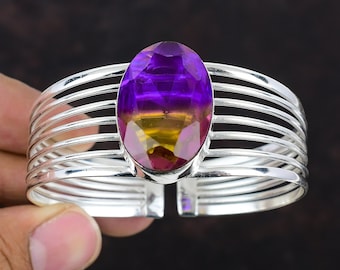 Faceted Ametrine Bangle: Handmade 925 Sterling Silver Adjustable Cuff
