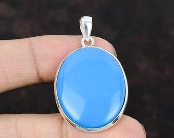 Handmade Sleeping Beauty Turquoise Pendant: Oval Sterling Silver Jewelry