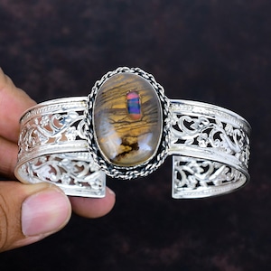 Ethopian opal in boulder opal cuff bracelet handmade gemstone bangle 925 sterling silver adjustable cuff bracelet designer jewelry for gifts