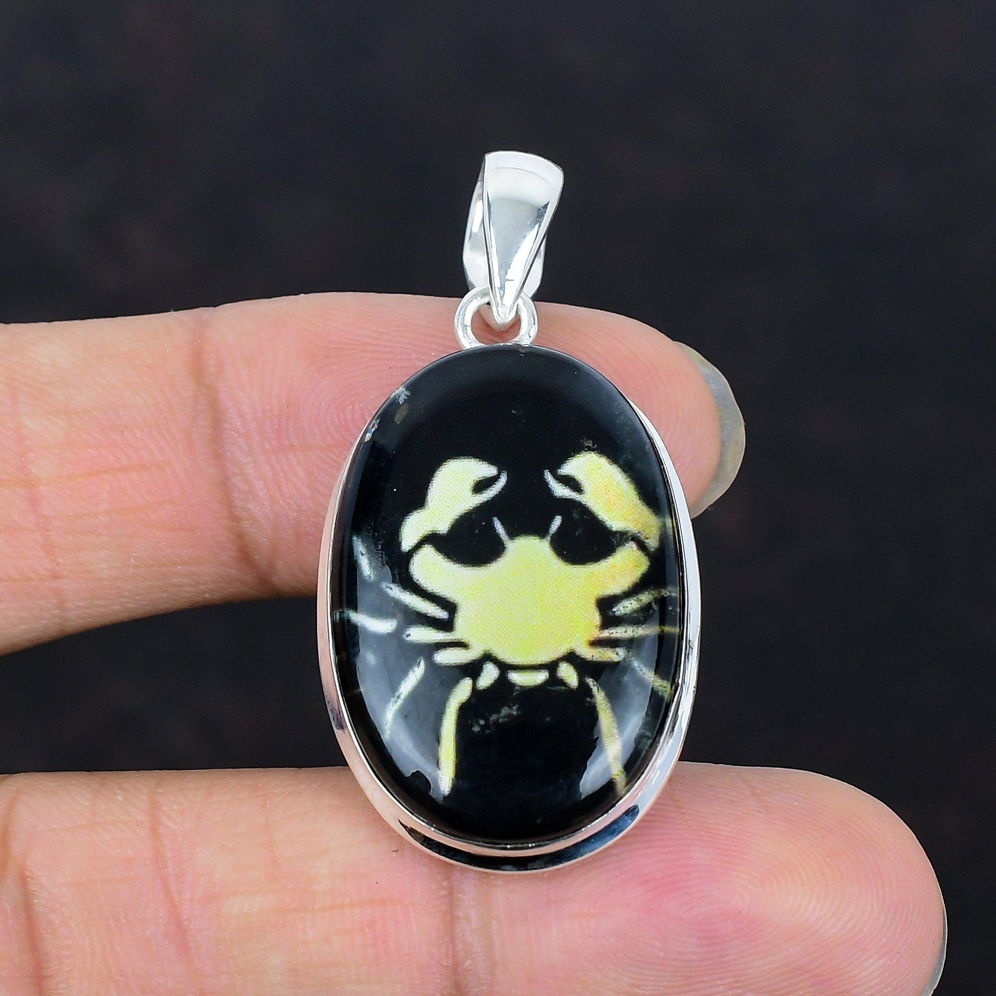 Black Onyx Cancer Zodiac Pendant: Handmade Sterling Silver