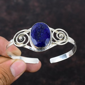Handmade Sterling Silver Blue Sapphire Bangle: Adjustable Gemstone Cuff