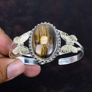 Ethopian opal in boulder opal gemstone cuff bracelet 925 sterling silver adjustable bangle 18k gold plated butterfly cuff handmade jewelry