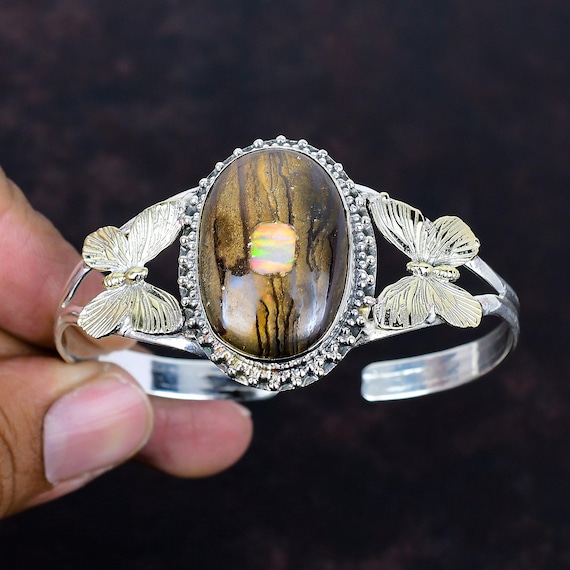 Ethiopian Opal Boulder Cuff Bracelet: Sterling Silver Butterfly