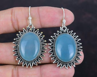 Handmade Aquamarine 925 Sterling Silver Earrings: Oval Gemstone Jewelry