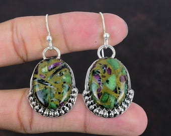 Handmade Ruby Zoisite Sterling Silver Dangle Earrings: Antique Style
