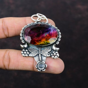 Faceted Ammolite Dragonfly Pendant: Handmade Sterling Silver Jewelry