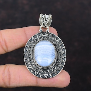Blue Lace Agate 925 Sterling Silver Pendant - Handmade Vintage Jewelry