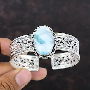 Larimar Manschette Armband Handgemachte Edelstein Armreif 925 Sterling Silber Einstellbar Armreif Antike Manschette Armband Geschenk Für Mutter Hochzeit Schmuck