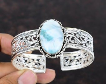 Handmade Larimar Cuff Bracelet: Adjustable Sterling Silver Bangle