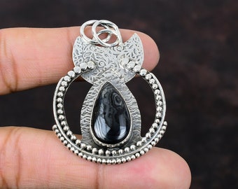 Colgante de psilomelano en forma de pera hecho a mano: joyería de piedras preciosas en plata de ley 925