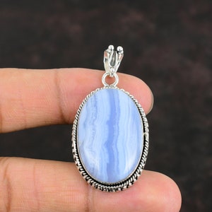 Blue Lace Agate Sterling Silver Pendant: Handmade Boho Jewelry