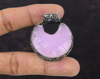 Pendentif croissant de lune calcédoine rose : bijoux vintage en argent sterling et pierres précieuses