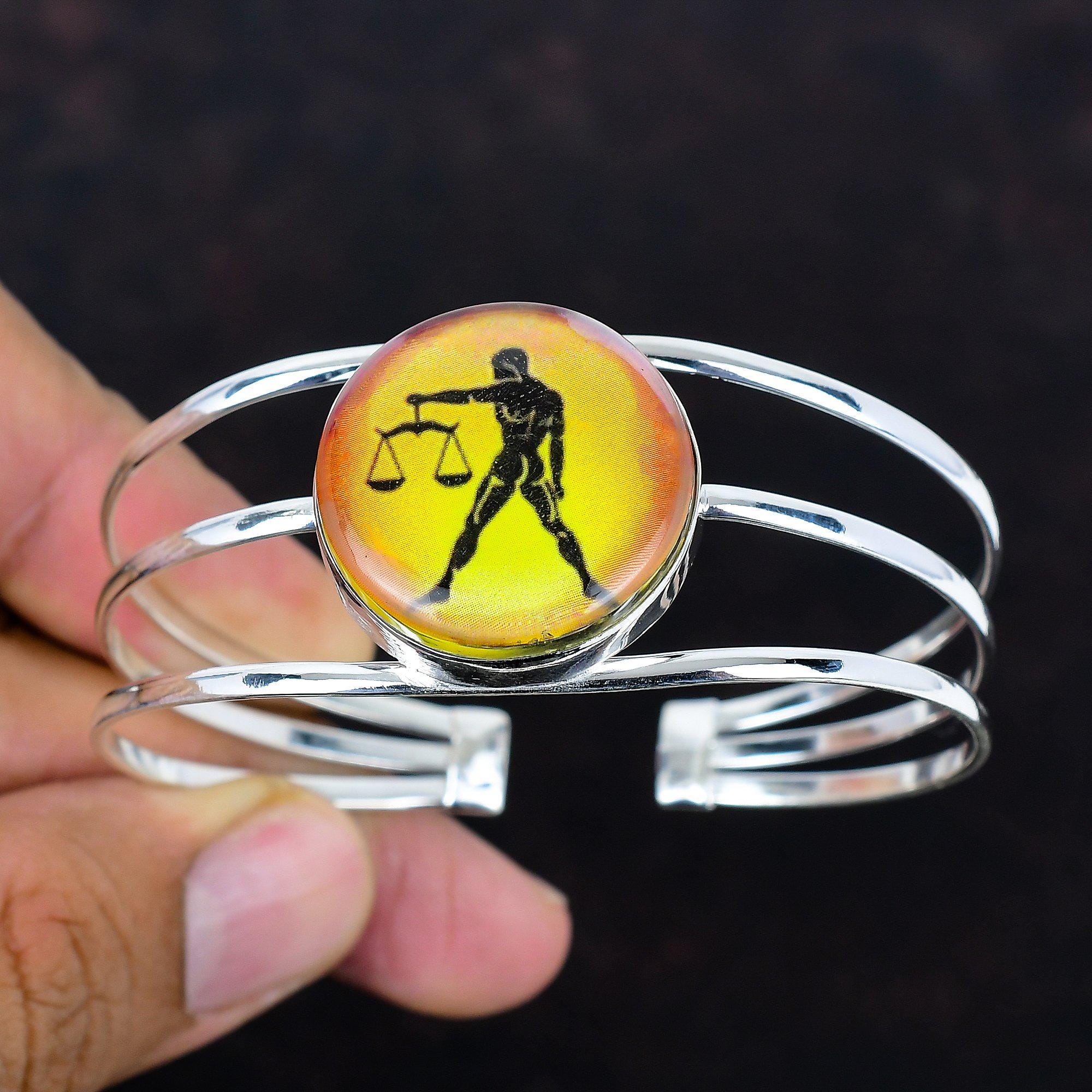 オニキス 天秤座 星座カフブレスレット：925スターリングシルバー 調節