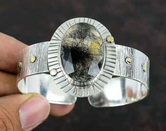 Handmade Black Rutile Gemstone Cuff Bracelet: Adjustable Sterling Silver Bangle