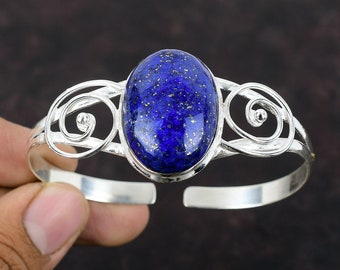 Lapis Lazuli Armreif: Handgefertigte Armspange aus 925 Sterlingsilber, verstellbar