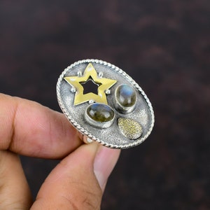 Handmade Labradorite 925 Sterling Silver Ring - 18K Gold Plated Adjustable Jewelry