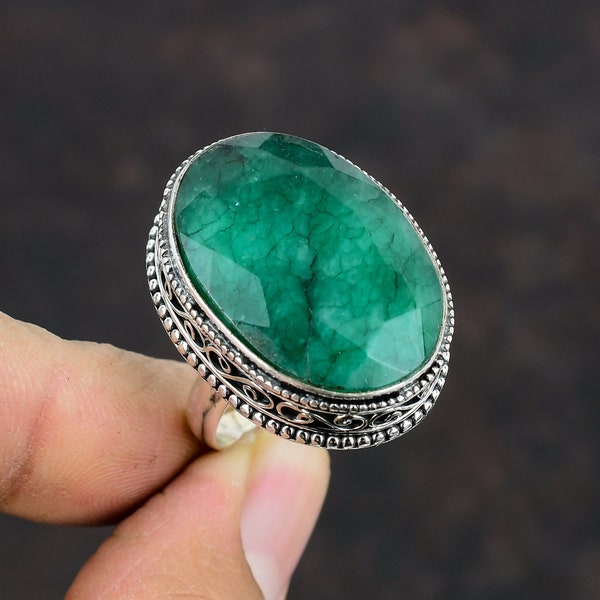 Faceted Zambian Emerald Ring: Vintage 925 Sterling Silver, Adjustable