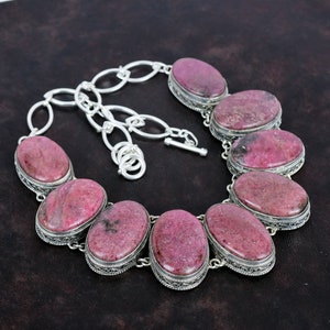 Rhodonite Necklace Vintage Gemstone Necklace 925 Sterling Silver Necklace Adjustable Chain Necklace Handmade Designer Jewelry Wedding Gifts